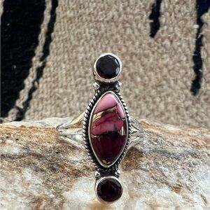 ❤️ Red Rose Dahlia Kingman Turquoise & Garnet Ring 925 Navajo Style SZ 8.75